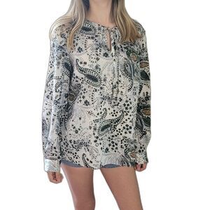 Preston & York Womens Size XL Extra Large  Long Sleeve Paisley Top White Green